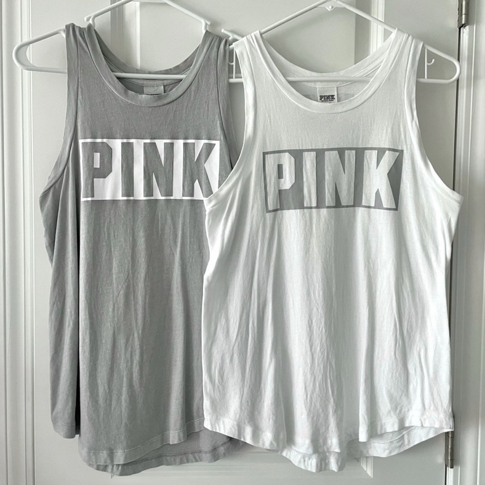 PINK Victoria’s Secret Logo Graphic Muscle Tee Tank Top Grey/White - Picture 9 of 9